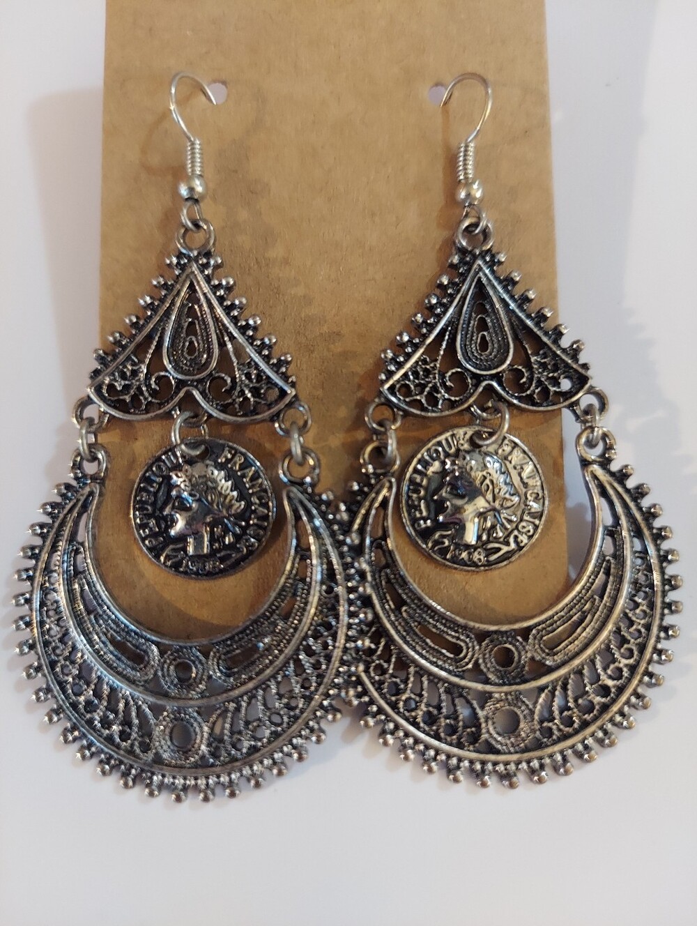 Antique Silver Toned Dangle Earrings With Fish Hook Backs